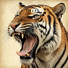 Fototapeta premium Vintage style graphic lithographic illustration of a fantasy roaring tiger