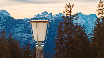 Alpine winter view with a street lamp at Mount Predigtstuhl, Bad Reichenhall, Berchtesgadener Land,...