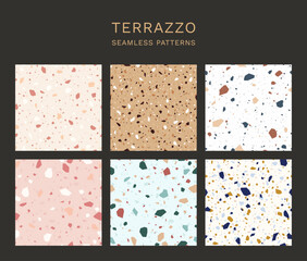 Terrazzo texture. Vector seamless pattern set of classic italian floor terrazzo, natural stone, quartz, marble, granite in Venetian style. Modern minimalist floor tile for interior design