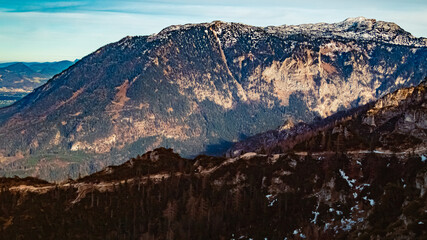 Alpine winter view with the city of Salzburg in the background at Mount Predigtstuhl, Bad...