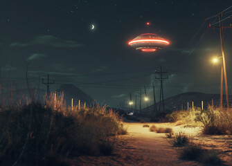 An imposing UFO hovers above a desolate desert road at night, bathed in an ominous glow, with stars twinkling and a crescent moon overhead