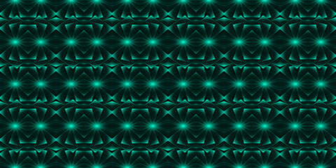 abstract magical technical futuristic background with geometric elements, dark atmosphere, geometric technology design in black and dark green with lights, seamless geometric luminous pattern 
