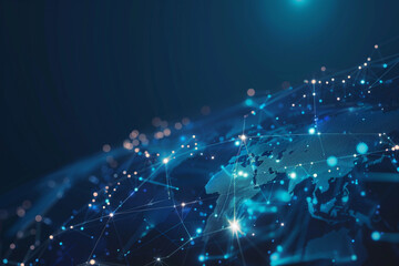 Abstract global network concept with a glowing world map and connection lines on a dark blue background