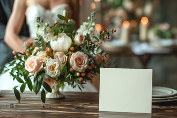 Obraz premium Wedding newlyweds and table decorated with a vase with bright flowers, mockup for a greeting card or holiday gift
