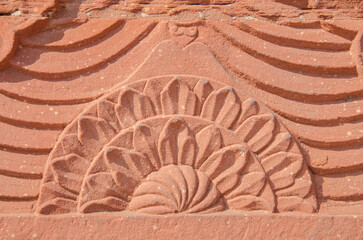 Red sandstone medieval architecture, structure with intricate carving, Red Fort, Agra, Uttar Pradesh, India.