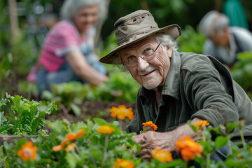 Naklejka na ściany i meble Green-Hearted Volunteers: Elderly Care for Community Garden