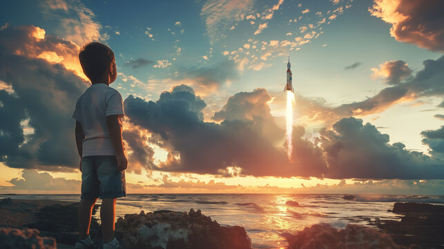 Kid looking at a rocket launching near the sea, symbolizing future generation and hope 