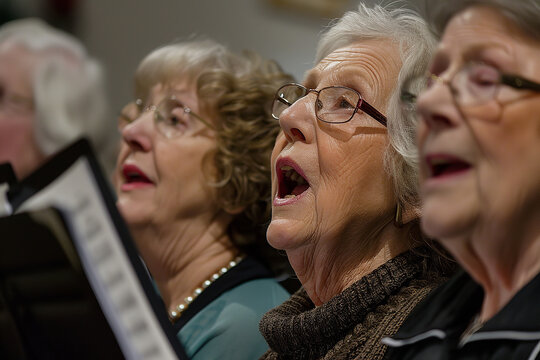 Seniors participating in a choir, singing classic songs and filling the room with harmony