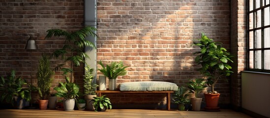 Fototapeta na wymiar A cozy room featuring a wooden bench, green potted plants, and a rustic brick wall creating a warm and inviting atmosphere