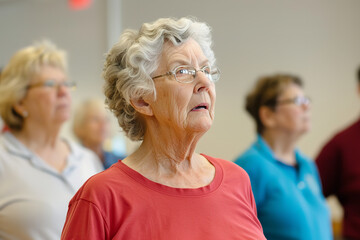 Fototapeta na wymiar Seniors Rejuvenate with Rhythmic Dance Moves in a Lively Class Setting