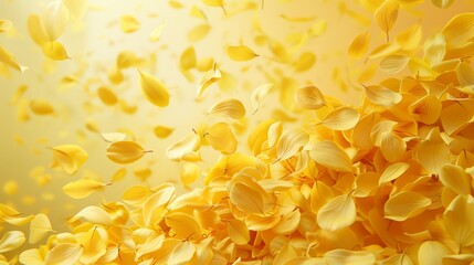 Yellow petals with wind effect falling on light yellow background, spring background concept.