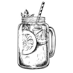 Summer citrus cocktail vintage vector sketch illustration
