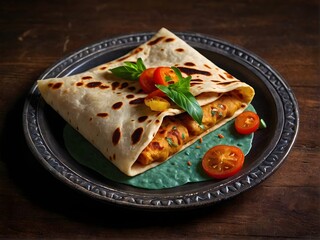 Fototapeta na wymiar A wheat tortilla wrap filled with lettuce, tomatoes, and cheese sits on a black plate, | Premium Stock.