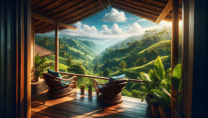 A peaceful scene viewed from the veranda of a hillside cabin, where a pair of woven rattan chairs invite relaxation and contemplation - obrazy, fototapety, plakaty