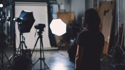 Behind the scene of photoshoot with studio lighting set
