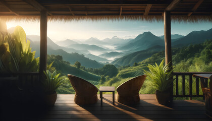 A scenic view from the wooden veranda of a hillside lodge, where two woven rattan chairs face out towards a breathtaking panorama - obrazy, fototapety, plakaty