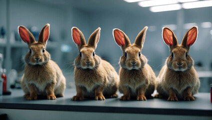Rabbits in laboratory. Animal trials - obrazy, fototapety, plakaty