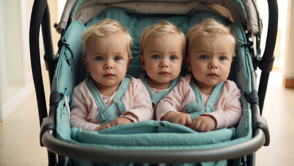 Fototapeta na wymiar Three triplet girls in a stroller