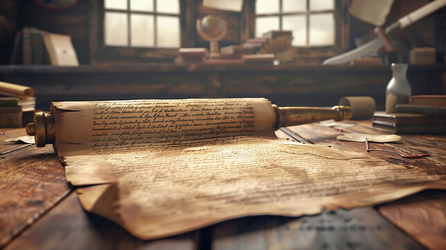 Preamble to the Constitution of the United States and American Flag. Old yellow paper