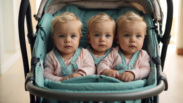 Three triplet girls in a stroller