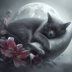 A gray cat sleeps on a pointy moon.