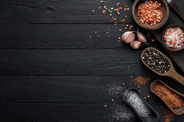 Beautiful black semi-empty board table with bowls with black and colored peppercorns, chili and coarse salt on wooden spoons in the right part of the background, top view with space for product, text 
