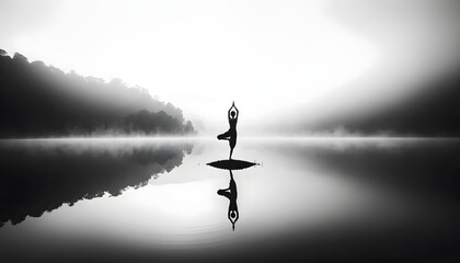 A monochrome and minimalist landscape photograph that captures the essence of tranquility and balance. The scene features a Yoga practitioner - obrazy, fototapety, plakaty