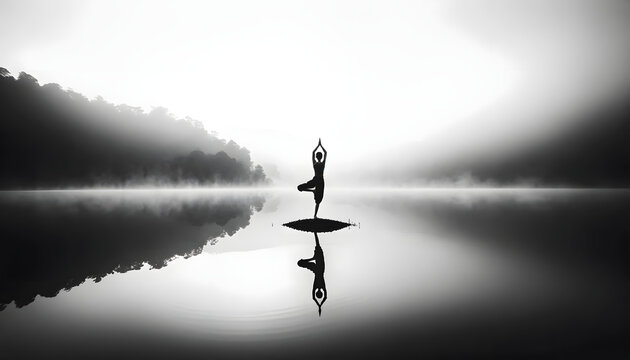 A monochrome and minimalist landscape photograph that captures the essence of tranquility and balance. The scene features a Yoga practitioner