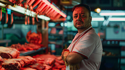 A butcher standing in his meat shop.