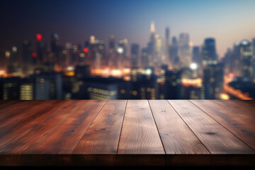 Empty wooden table against the background of a night big city with tall buildings with space for product, text or inscriptions
 - Powered by Adobe