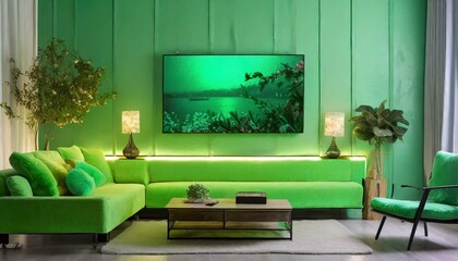 Green wall mounted tv on cabinet in living room with green sofa and decor accessories,minimal design