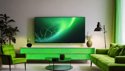 Green wall mounted tv on cabinet in living room with green sofa and decor accessories,minimal design