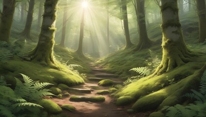 Illustrate A Tranquil Forest Glade With Sunlight F2 - obrazy, fototapety, plakaty