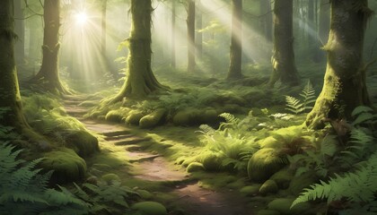 Illustrate A Tranquil Forest Glade With Sunlight F3 - obrazy, fototapety, plakaty