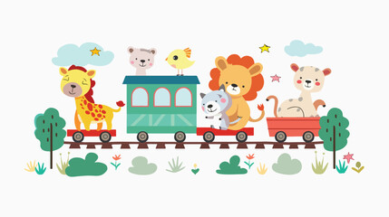 A vector of cute animals riding a train in colouring