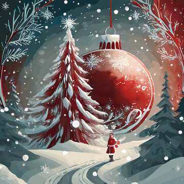 illustration d'un décor de Noël représenté par une boule de Noël et un sapin rouge et blanc dans un décor de forêt sous la neige