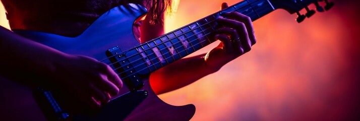 closeup of a woman playing guitar, electric guitar player performing on stage at a concert during...