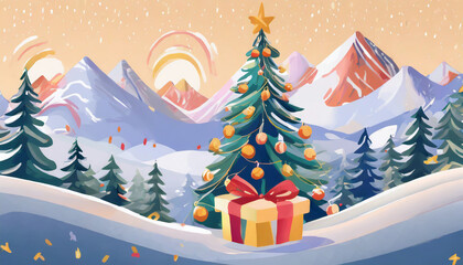 illustration sur les fêtes de Noël représenté par un sapin et ses boules au pied un cadeau le tout dans un décor de montagne enneigées effet peinture