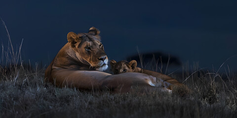Lioness and cub resting in the grass
Leoa e filhote descansando na grama - obrazy, fototapety, plakaty