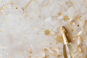 Fototapeta na wymiar A minimalist-style background with a champagne bottle, ribbons, and star-shaped confetti arranged on a surface. Banner for a New Year celebration party. Flat lay, top view