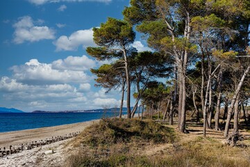 Seascape from the beach of the Sterpaia coastal park on the gulf of Follonica Tuscany Italy