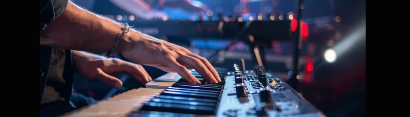 Keyboardist immersed in the music, close-up on hands and keys during an intense rock performance