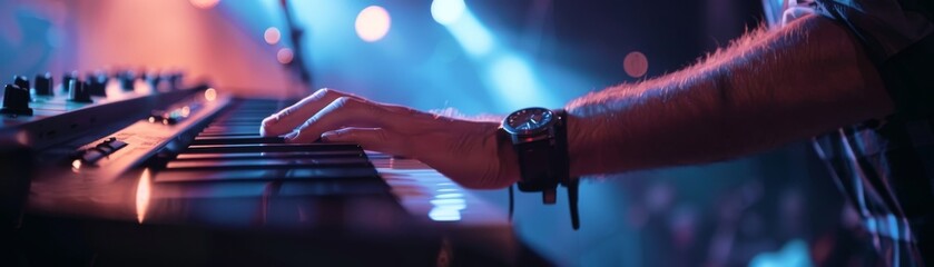 Intense rock performance: Close-up of keyboardist's hands and keys, deeply engrossed in music.