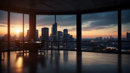 Private office penthouse city skyline view, evening overtime atmosphere. Big desk office chair and computer. - obrazy, fototapety, plakaty