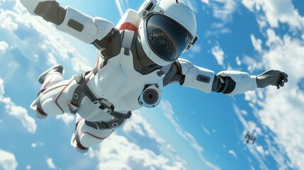 In a sunny skydiving adventure, a low-detail white Asian girl robot captures the thrill with an action cam, blending creativity in a conceptual close-up Bright skies inspire - obrazy, fototapety, plakaty