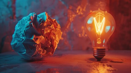 In a close-up, a crumpled paper ball and a glowing light bulb spark conceptual creativity under neon and natural light Minimalism meets imaginative brilliance - obrazy, fototapety, plakaty