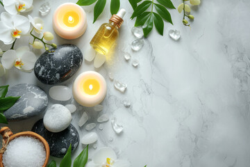 Hot massage stones with salt, oil and candles on a beautiful background with space for text or inscriptions. Spa background space
