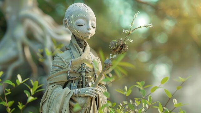 Close-up of a serene android monk with a staff, embodying peace in a world of circuits and simplicity color