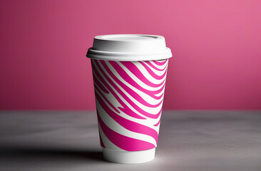 A coffee cup with a pink zebra pattern. Stylish paper cup for hot drinks to go. Creative idea to advertise a coffee shop.