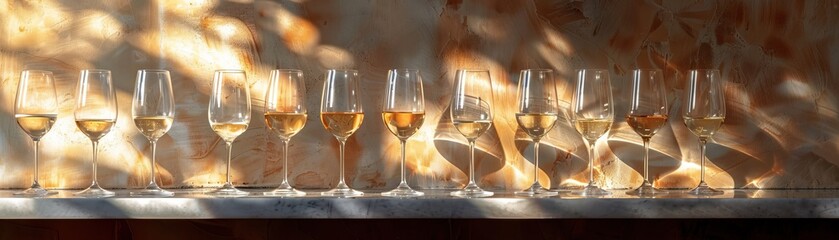 Row of various wine glasses with different types of wine, elegantly backlit. Tasting and degustation concept - obrazy, fototapety, plakaty
